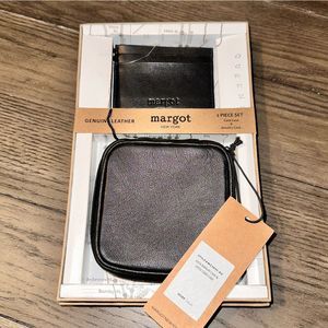 New! Margot Leather 2 Piece Set Card Case & Jewelry Case Gift Box Set Black